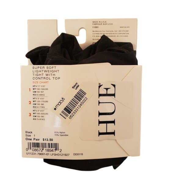 Hue Vintage Super Soft Lightweight Tights With Control Top Size 1 Black USA Made - Picture 2 of 2